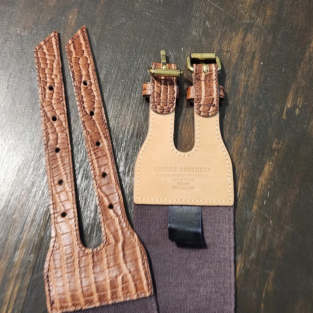 Brooks Brothers Brown Leather Elastic Croc Embossed Double Buckle Belt S/M